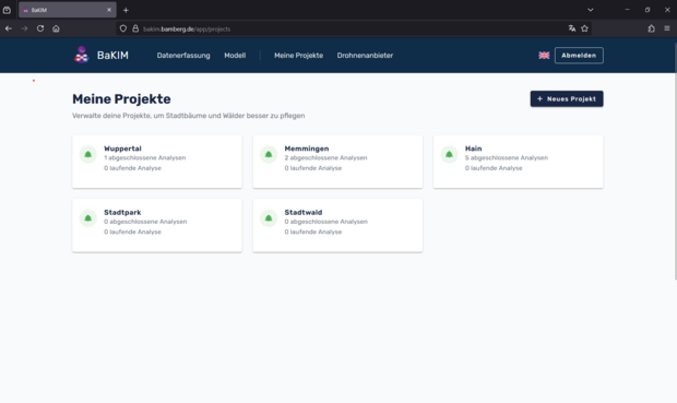 Ansicht des Webportals/Projektbereichs
