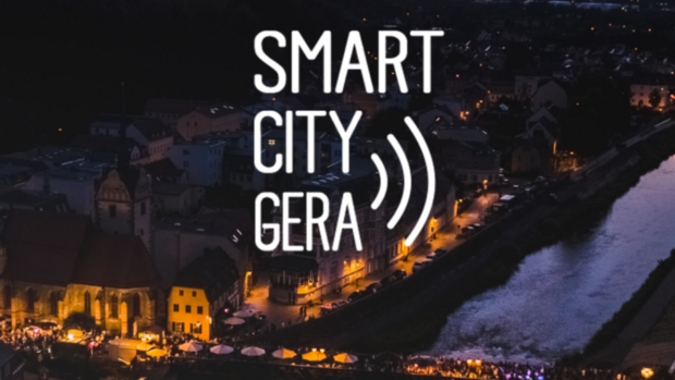 Logo Smart City Gera, im Hintergrund: Luftbild