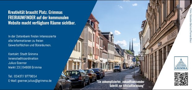 Flyer der Stadt Grimma zum Freiraumfinder; Abbildung zeigt Straßenzug sowie kurz Beschreibung, Kontakdaten und CR-Code zum Angebot