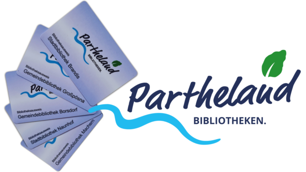 Logo der Partheland Bibliotheken und fünf Bibliotheksausweise.