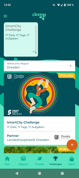 Screenshot, der den Reiter "Challenges", hier die SmartCity Challenge der Stadt Dresden, zeigt