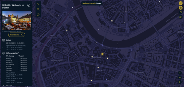 Screenshot der Webseite Weihnachtsmarkt Dresden, die auf einer Karte der Landeshauptstadt die Weihnachtsmärkte anzeigt.