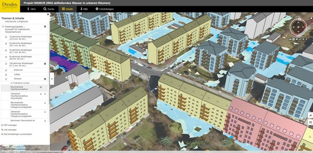 Screenshot aus dem 3D-Starkregenportal mit städtischem Häuserzug
