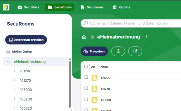 Screenshot mit virtueller Datenraum SecuRooms in FTAPI.
