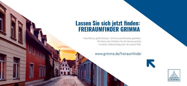 Flyer der Stadt Grimma zum Freiraumfinder; Abbildung zeigt Straßenzug sowie kurz Beschreibung des sowie Link zum Angebot