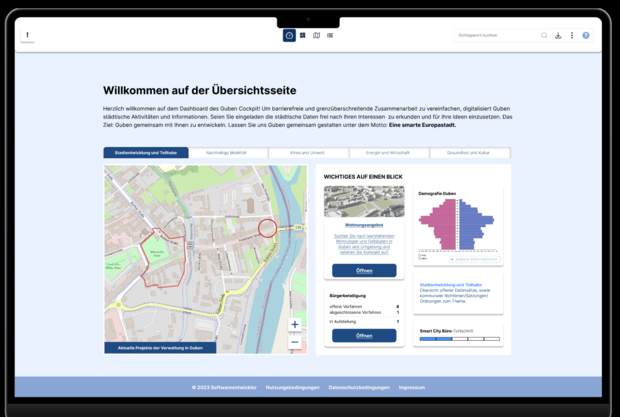 Das Bild zeigt einen Screenshot des Dashboards des Guben Cockpit mit einer geographischen Karte und weiteren Informationen wie statistischen Daten.