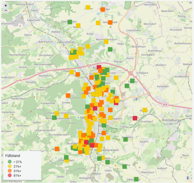Screenshot der Karte mit den durch Farben angezeigten Füllständen der Glascontainer.