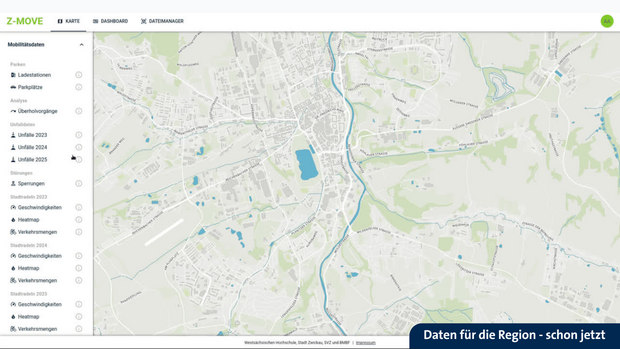 Anwendung mit Karte, Dashboard und Datenmanager zeigt Mobilitätsdaten wie Ladestationen, Unfälle 2025, Sperrungen und Verkehrsmengen.