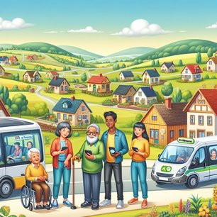 Die Zeichnug zeigt fünf Person, die in einem Dorf am Straßenrand stehen und auf ihr Smartphone schauen. Hinter ihnen ist ein Bus und Großraumtaxi zu sehen