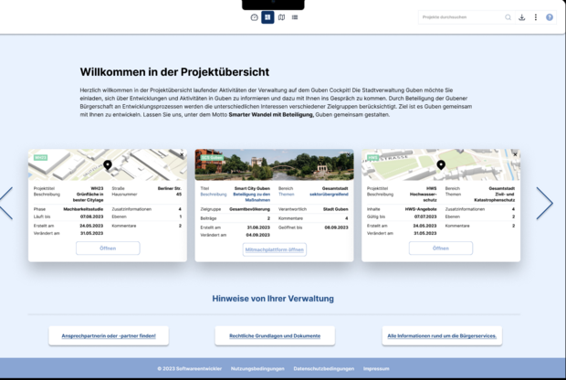Das Bild zeigt einen Screenshot des Guben Cockpit mit verschieden Projektbeispielen und Optionen zur Beteiligung.