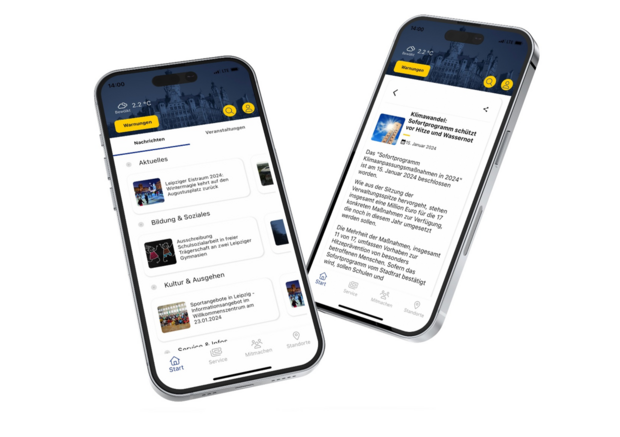 Die Darstellung zeigt zwei Smartphones auf denen die Leipzig App geöffnet ist. Die Bereiche Start, Service, Mitmachen und Standorte sind im Menu zu erkennen.