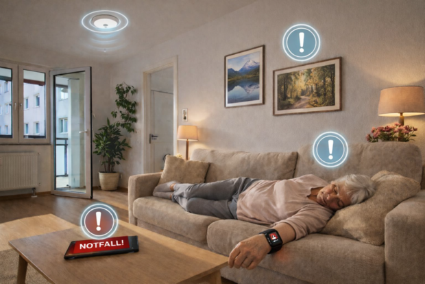 Foto einer Frau, die reglos auf den Sofa liegt und die Sensoren melden einen Notfall.