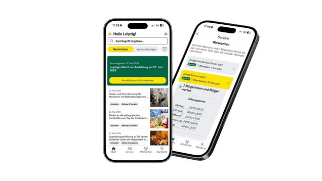 Die Darstellung zeigt zwei Smartphones auf denen die Leipzig App geöffnet ist. Die Bereiche Start, Service, Mitmachen und Standorte sind im Menu zu erkennen.