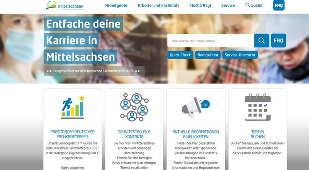 Das Bild zeigt die Startseite der Website zur Karriere in Mittelsachsen.