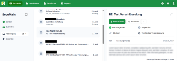 Screenshot zeigt Verschlüsselung von E-Mails mit SecuMails.